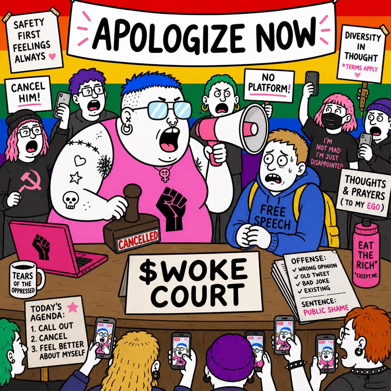Cartoon campus tribunal meme scene