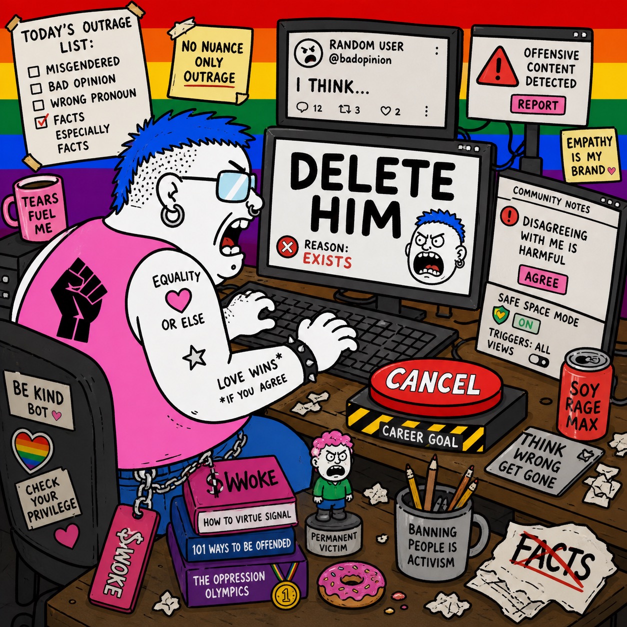 Cartoon keyboard warrior meme scene