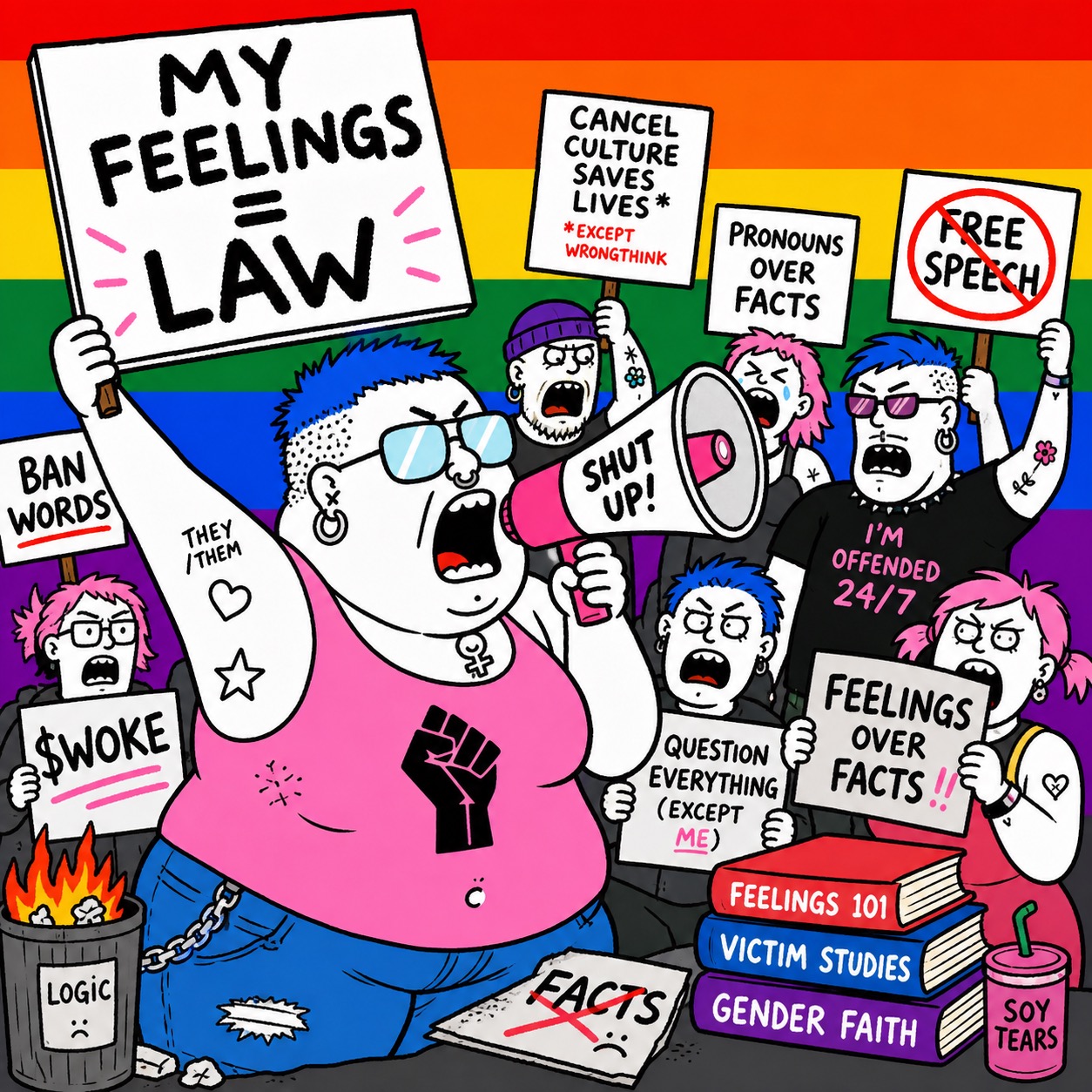 Cartoon protest meme scene